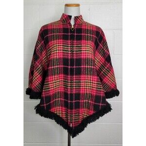 Vintage Dutchmaid Pink‎ Red Plaid Wool Tweed Poncho w. Fringe Jr. Miss 16-18